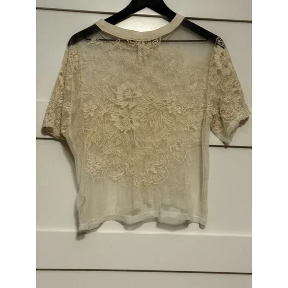 Anthropologie Short Sleeve Embroidered Mesh Top Ivory Size M - Picture 8 of 8
